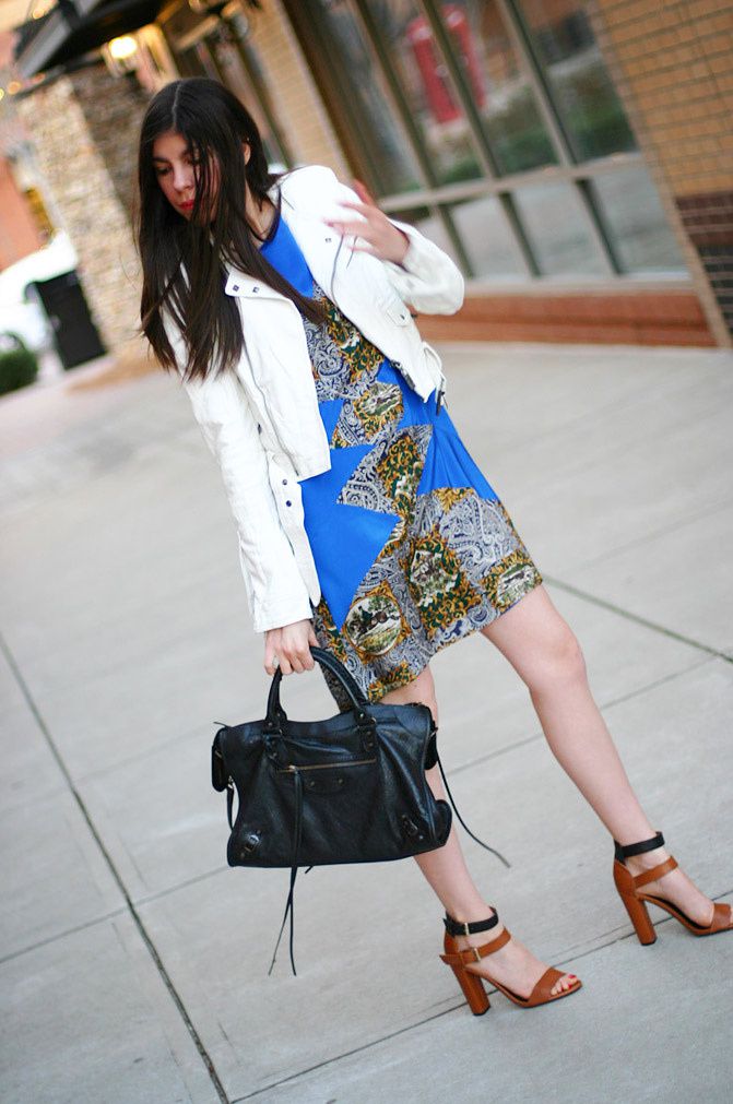 summer dress, balenciaga classic city bag, white leather jacket, fashion, christine alcalay, zara sandals