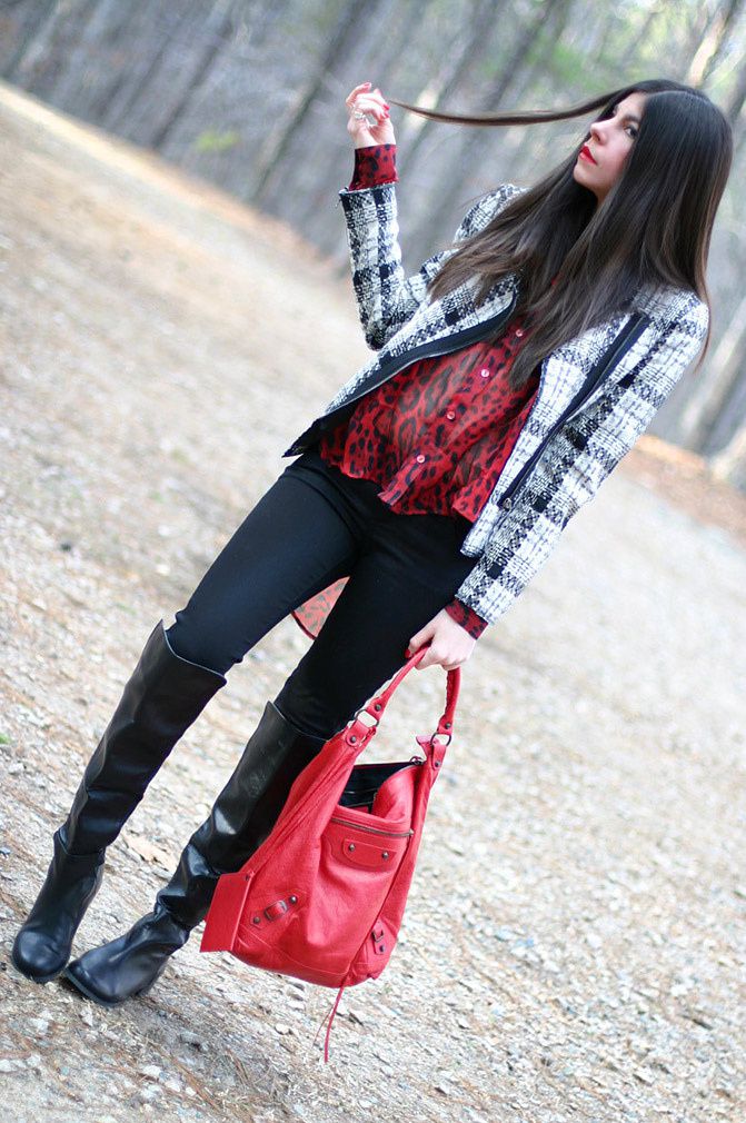 Chanel jacket, Balenciaga bag, riding boots, leopard print blouse, Fashion, Outfit