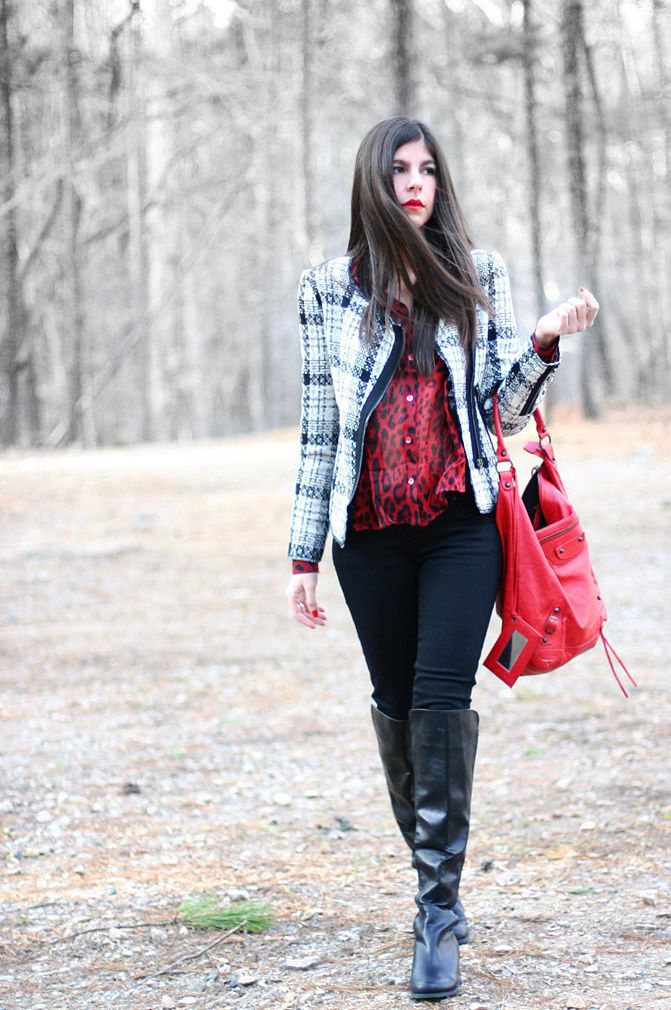 Chanel jacket, Balenciaga bag, riding boots, leopard print blouse, Fashion, Outfit