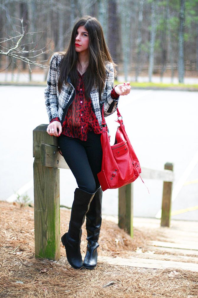 Chanel jacket, Balenciaga bag, riding boots, leopard print blouse, Fashion, Outfit