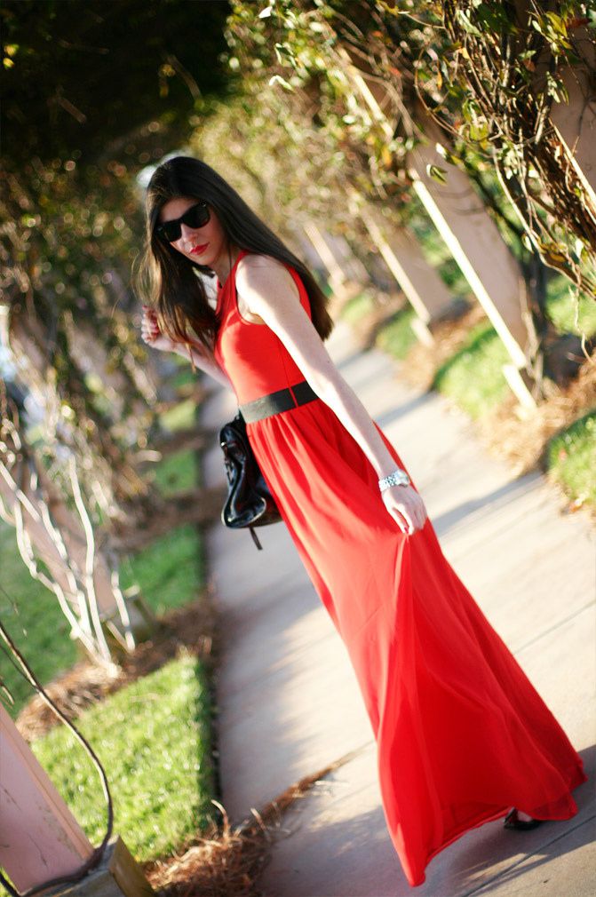Armani Exchange Red Maxi Dress, Balenciaga Classic City Bag, Stella McCartney patent slingback heels, Fashion