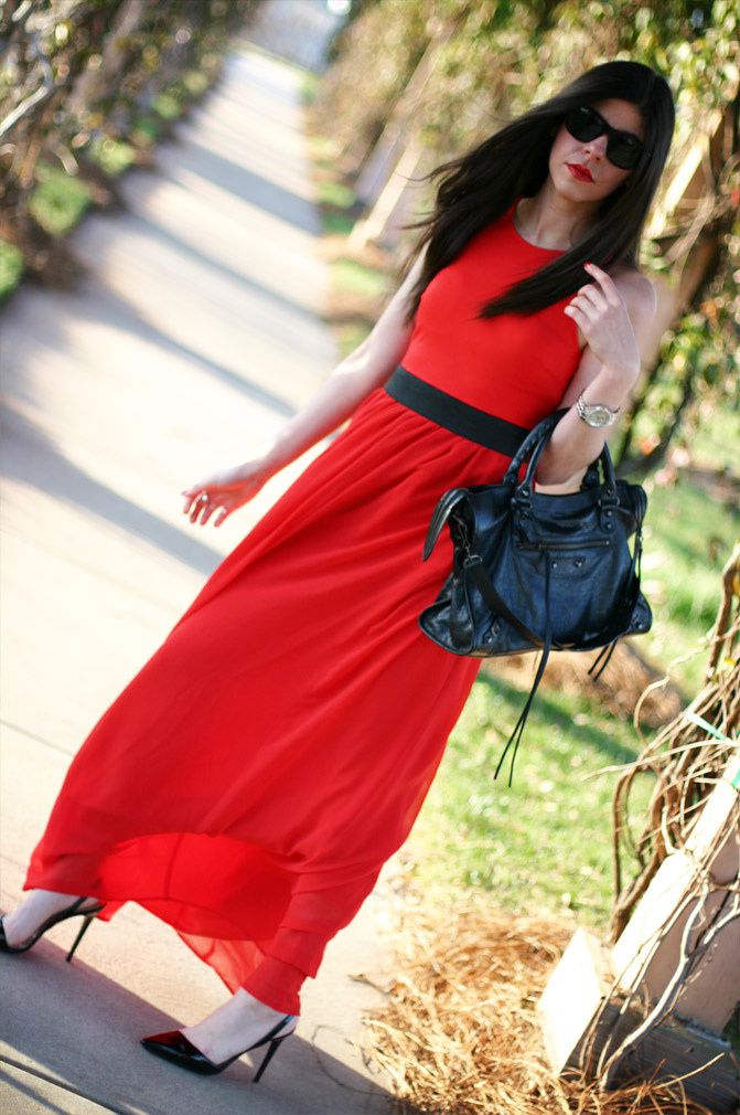 Armani Exchange Red Maxi Dress, Balenciaga Classic City Bag, Stella McCartney patent slingback heels, Fashion
