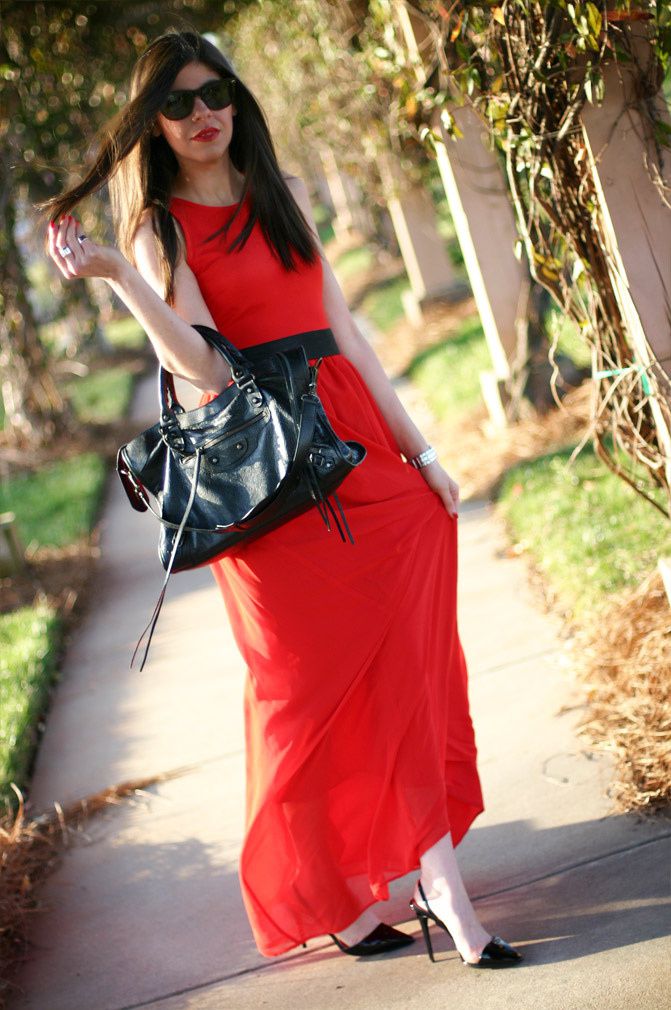 Armani Exchange Red Maxi Dress, Balenciaga Classic City Bag, Stella McCartney patent slingback heels, Fashion