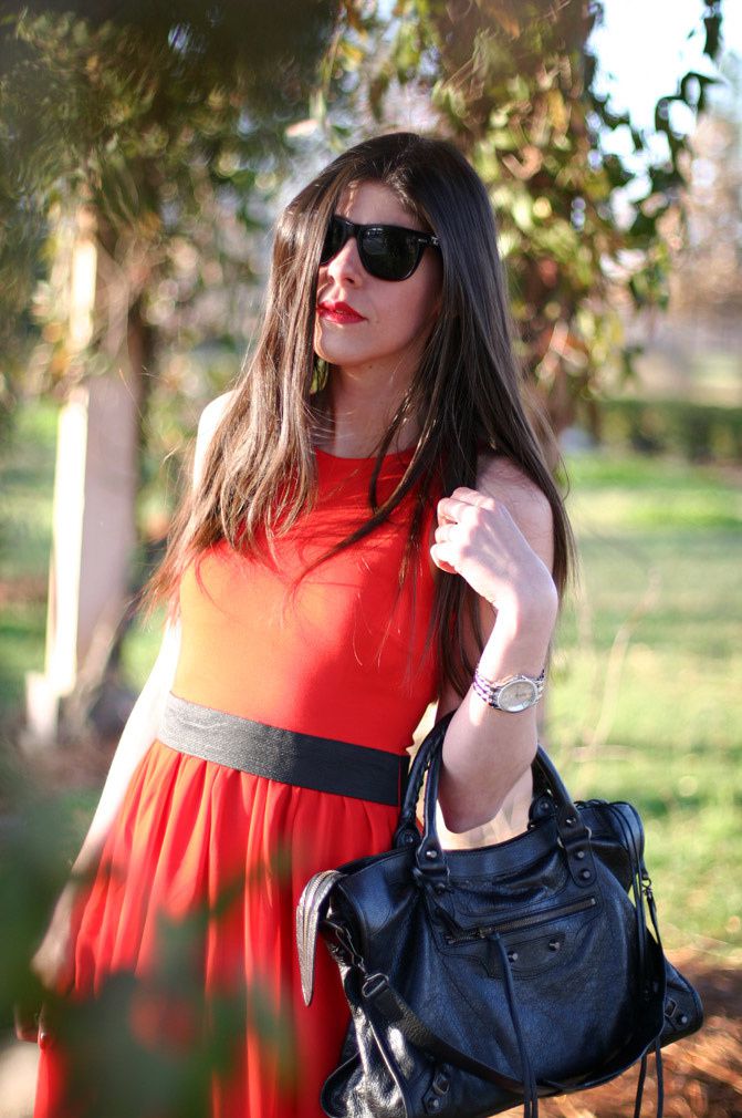 Armani Exchange Red Maxi Dress, Balenciaga Classic City Bag, Stella McCartney patent slingback heels, Fashion