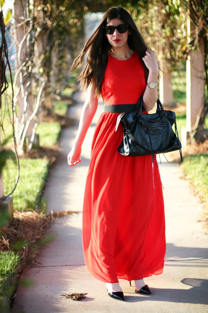 Armani Exchange Red Maxi Dress, Balenciaga Classic City Bag, Stella McCartney patent slingback heels, Fashion