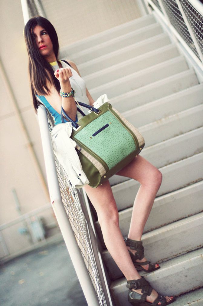 Neon scuba dress, alexander wang sandals, fashion, leather jacket, outfit