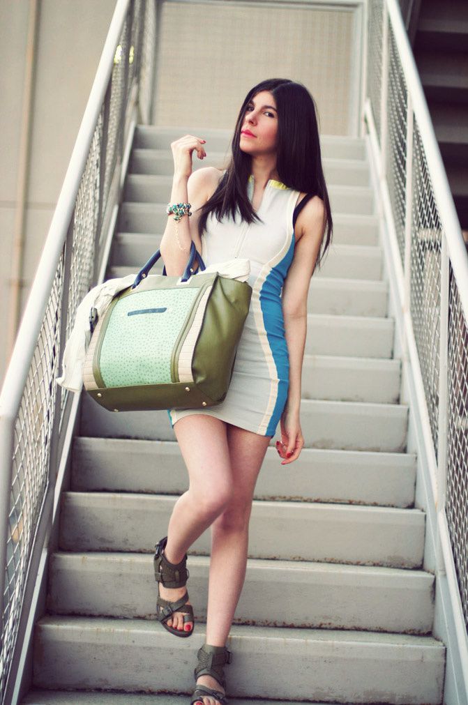 Neon scuba dress, alexander wang sandals, fashion, leather jacket, outfit