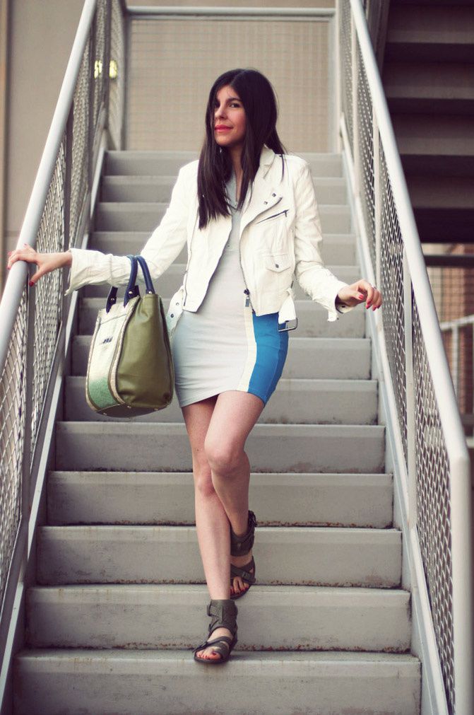 Neon scuba dress, alexander wang sandals, fashion, leather jacket, outfit