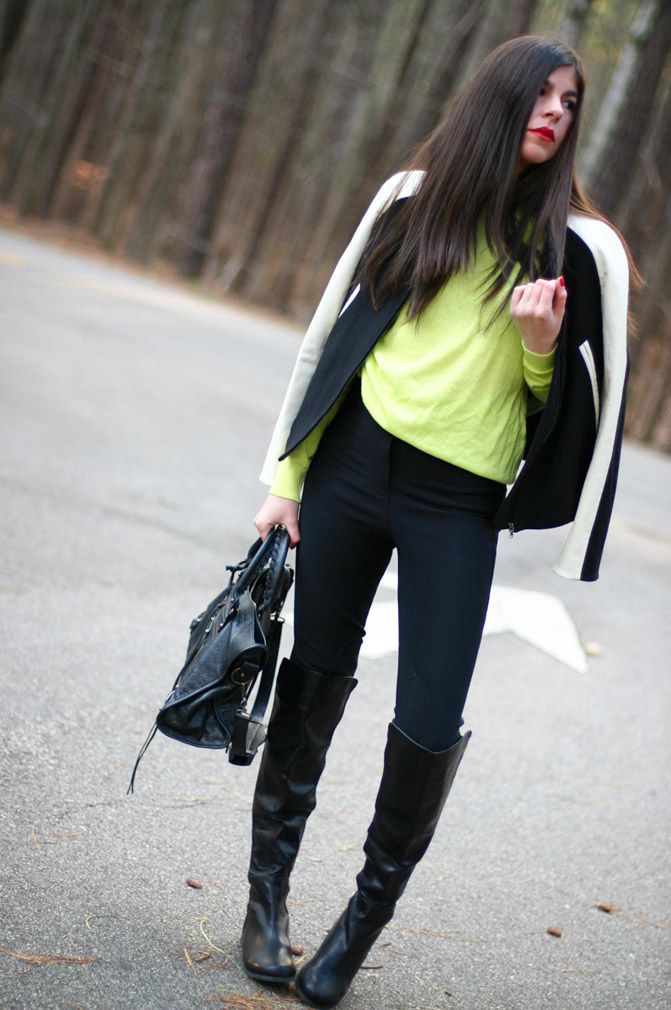 Zara, Phillip Lim, Varsity Jacket, Balenciaga city bag, Fashion, Outfit, Neon Style