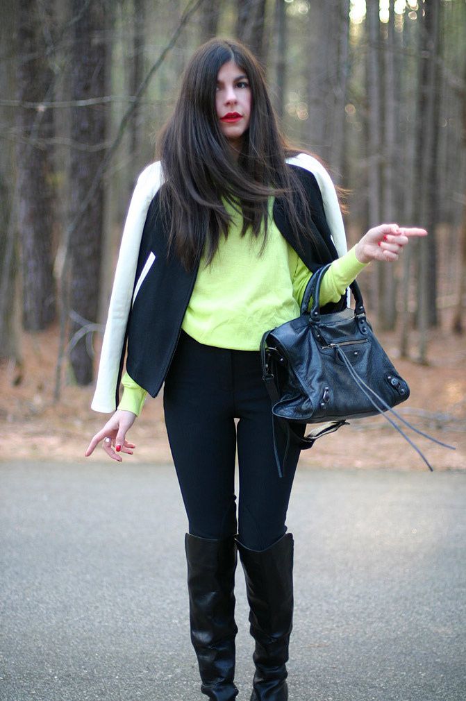 Zara, Phillip Lim, Varsity Jacket, Balenciaga city bag, Fashion, Outfit, Neon Style