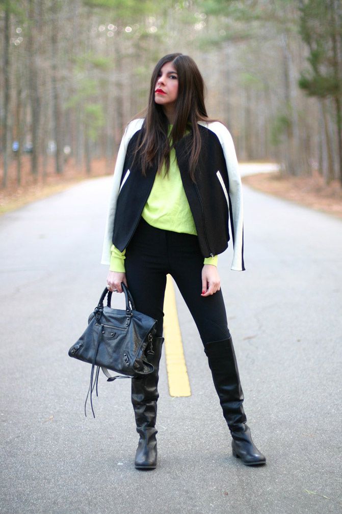 Zara, Phillip Lim, Varsity Jacket, Balenciaga city bag, Fashion, Outfit, Neon Style