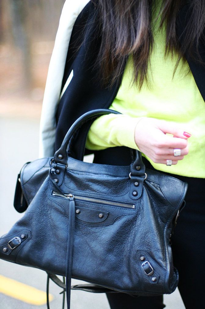 Zara, Phillip Lim, Varsity Jacket, Balenciaga city bag, Fashion, Outfit, Neon Style