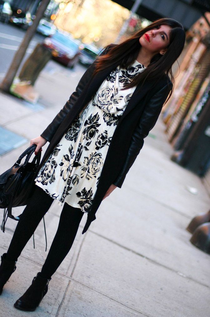 Zara leather coat, Alice+Olivia dress, Topshop Ambush boots, New York Fashion Week