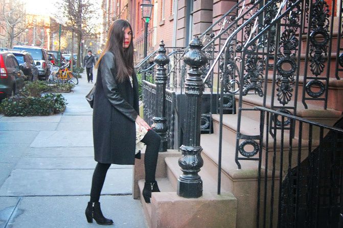 Zara leather coat, Alice+Olivia dress, Topshop Ambush boots, New York Fashion Week