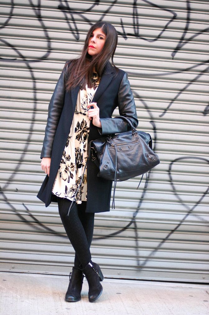 Zara leather coat, Alice+Olivia dress, Topshop Ambush boots, New York Fashion Week