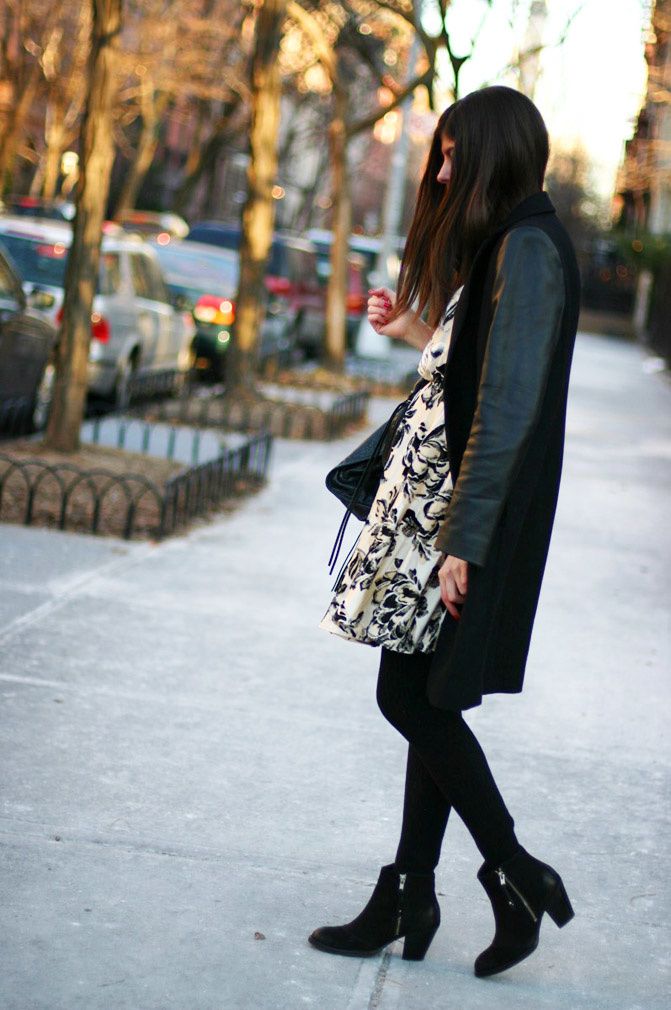 Zara leather coat, Alice+Olivia dress, Topshop Ambush boots, New York Fashion Week