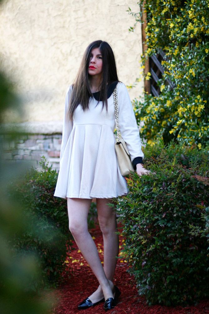 Peter Pan Collar dress, Chanel Maxi Flap Caviar bag, Fashion, Outfit, Patent Penny Loafers