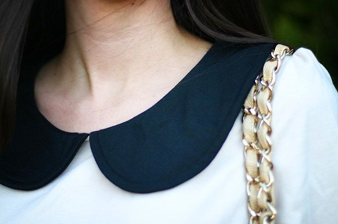 Peter Pan Collar dress, Chanel Maxi Flap Caviar bag, Fashion, Outfit, Patent Penny Loafers