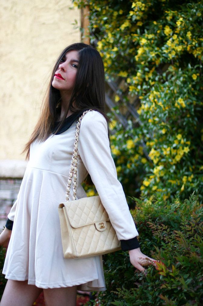 Peter Pan Collar dress, Chanel Maxi Flap Caviar bag, Fashion, Outfit, Patent Penny Loafers