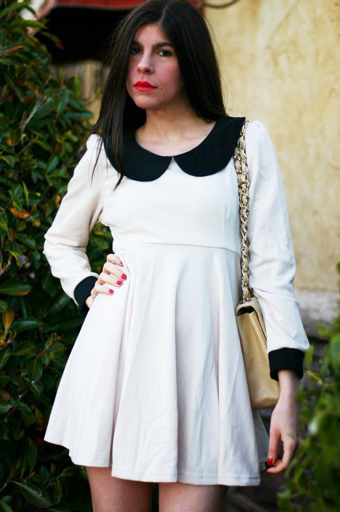 Peter Pan Collar dress, Chanel Maxi Flap Caviar bag, Fashion, Outfit, Patent Penny Loafers