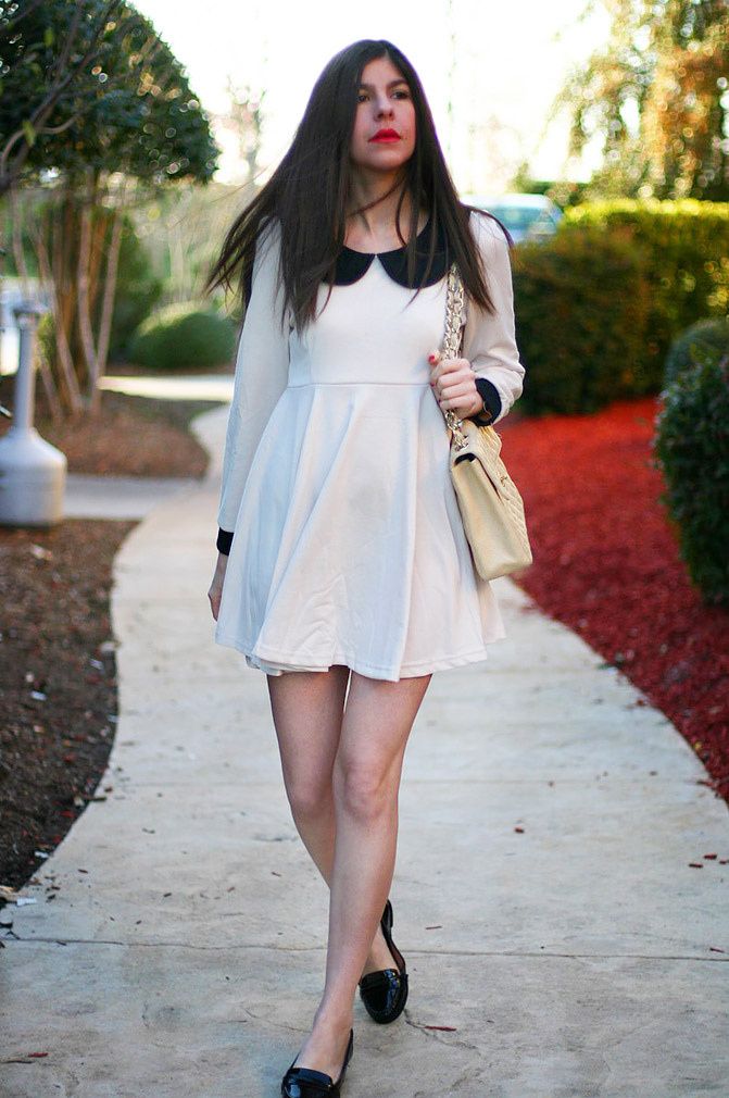 Peter Pan Collar dress, Chanel Maxi Flap Caviar bag, Fashion, Outfit, Patent Penny Loafers