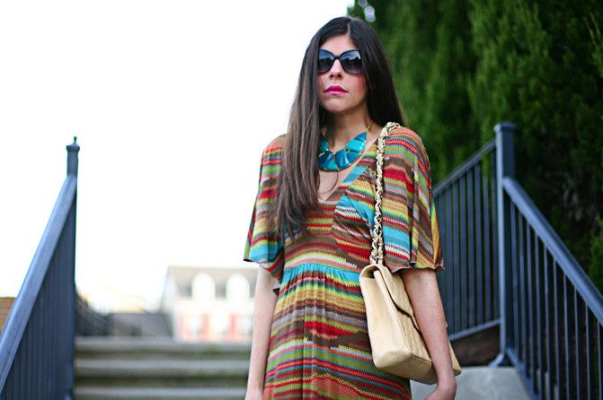 Maxi print dress, Nicole Richie style, Chanel Jumbo Maxi Flap bag, Fashion, Outfit, Jessica Simpson Dany