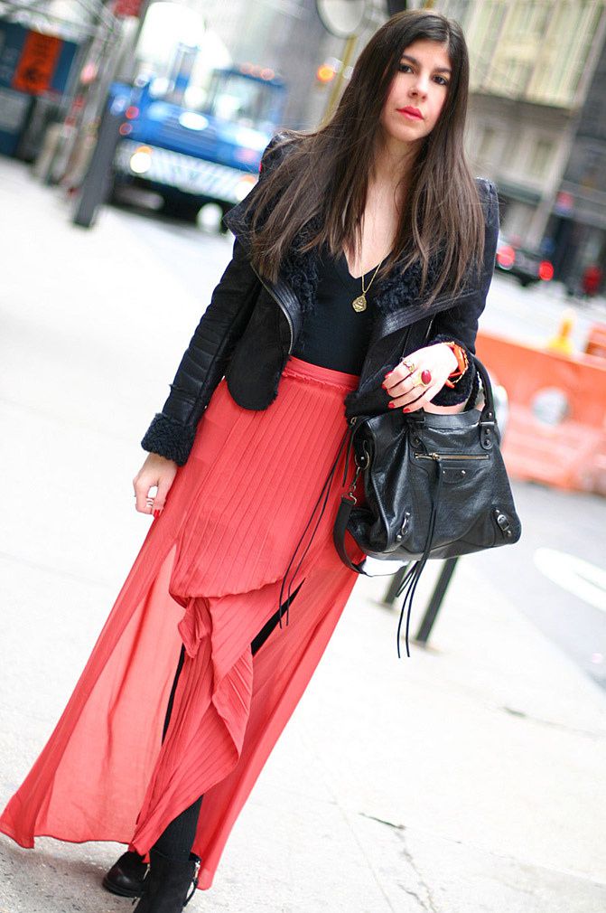 New York Fashion Week, Topshop Ambush boots, Pleated Maxi Skirt, Balenciaga Classic City day bag