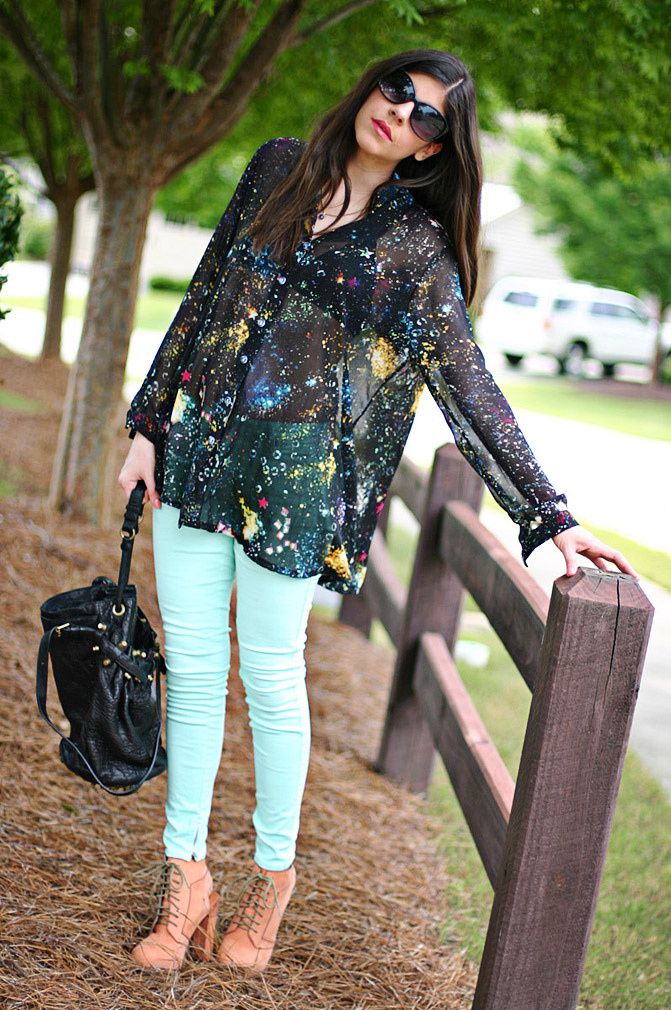Alexander Wang boots, Galaxy print blouse, skinny jeans, alexander wang diego bucket bag, Fashion