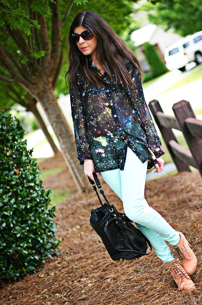 Alexander Wang boots, Galaxy print blouse, skinny jeans, alexander wang diego bucket bag, Fashion