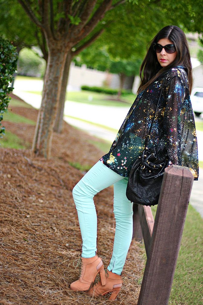 Alexander Wang boots, Galaxy print blouse, skinny jeans, alexander wang diego bucket bag, Fashion