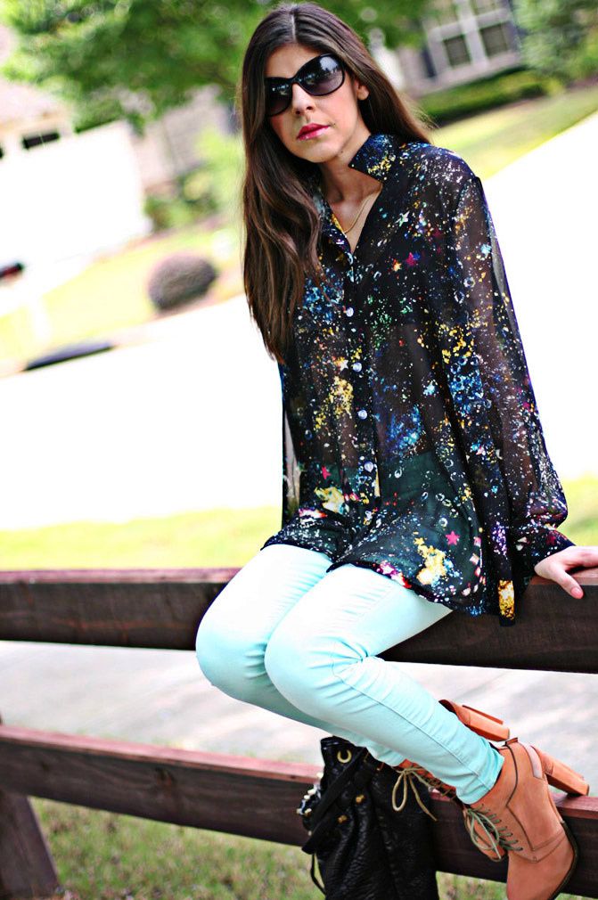 Alexander Wang boots, Galaxy print blouse, skinny jeans, alexander wang diego bucket bag, Fashion