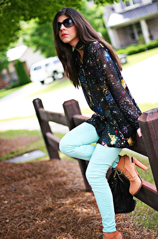 Alexander Wang boots, Galaxy print blouse, skinny jeans, alexander wang diego bucket bag, Fashion