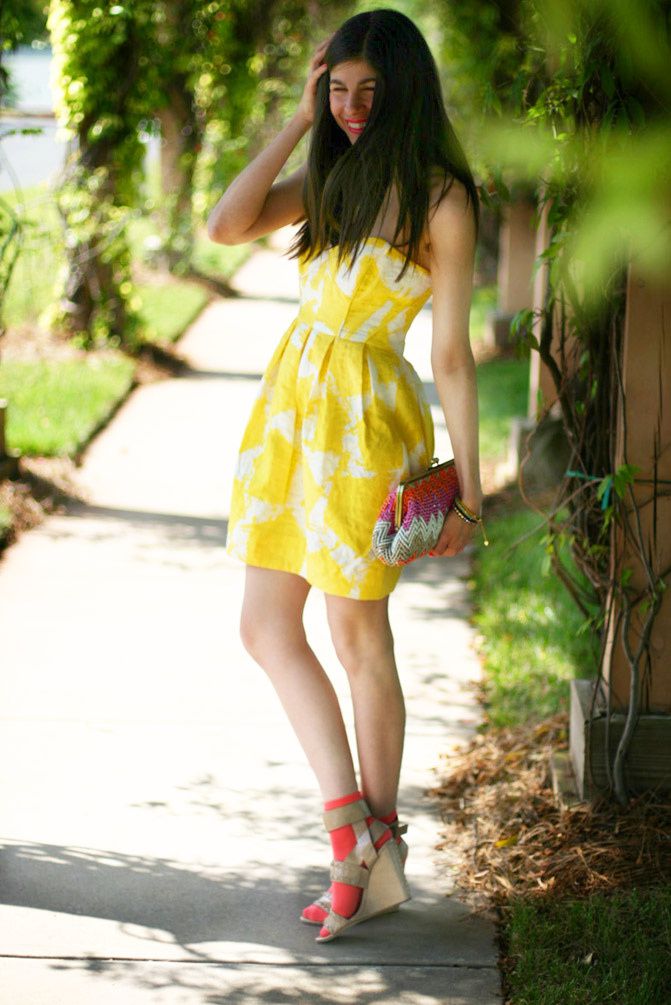 Shoshanna Jane Strapless Yellow Dress, Alexander Wang nude wedge sandals, Fashion