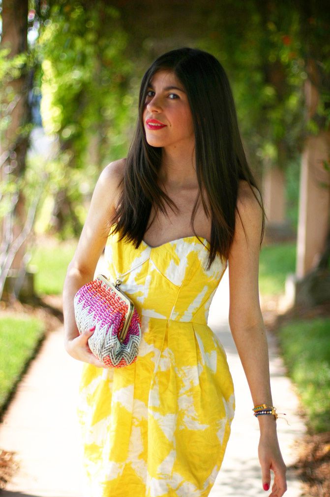 Shoshanna Jane Strapless Yellow Dress, Alexander Wang nude wedge sandals, Fashion