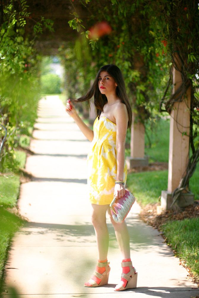 Shoshanna Jane Strapless Yellow Dress, Alexander Wang nude wedge sandals, Fashion