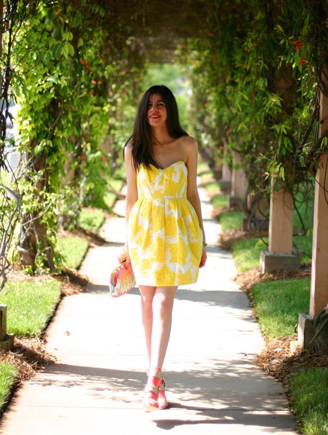 Shoshanna Jane Strapless Yellow Dress, Alexander Wang nude wedge sandals, Fashion