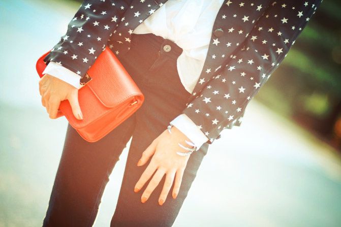 Saddle Shoes, Celine bag, Talon cuff pamela love, Fashion, Outfit, Star print blazer