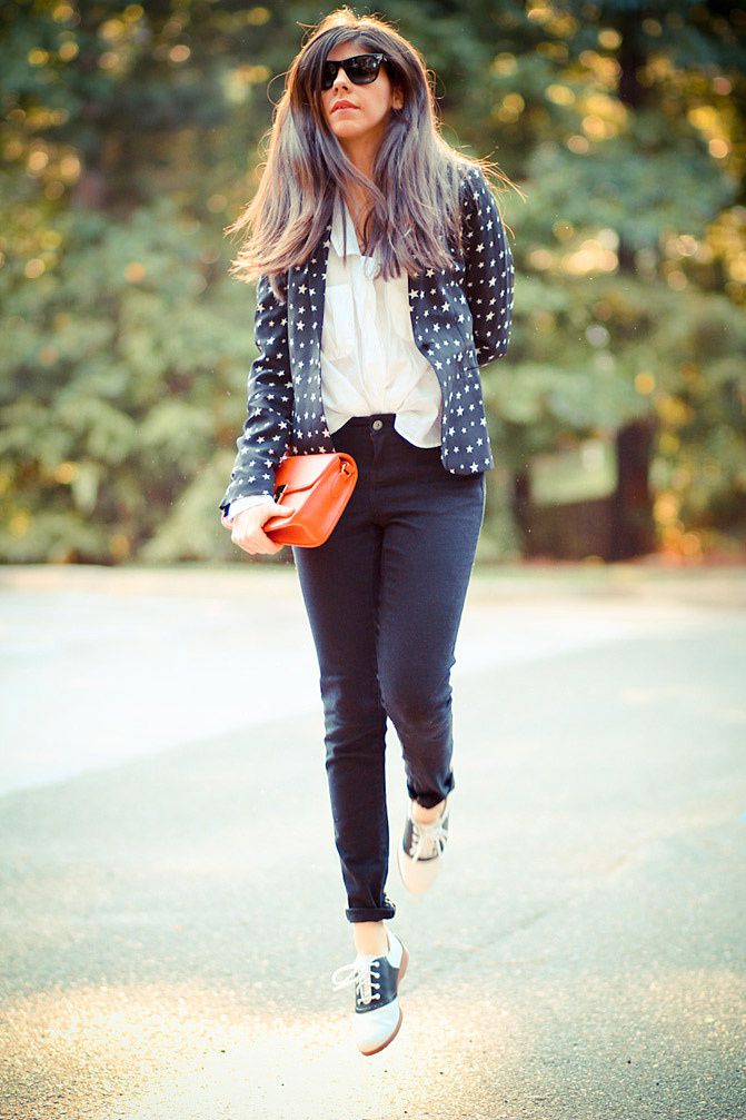 Saddle Shoes, Celine bag, Talon cuff pamela love, Fashion, Outfit, Star print blazer