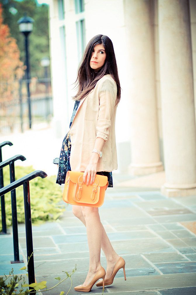 Galaxy Print Skirt, Audrey Hepburn style, Breakfast at Tiffany's shirt, Fluorescent Cambridge satchel, Marc Jacobs watch, Christian Louboutin Pigalle shoes, Blazer Fashion