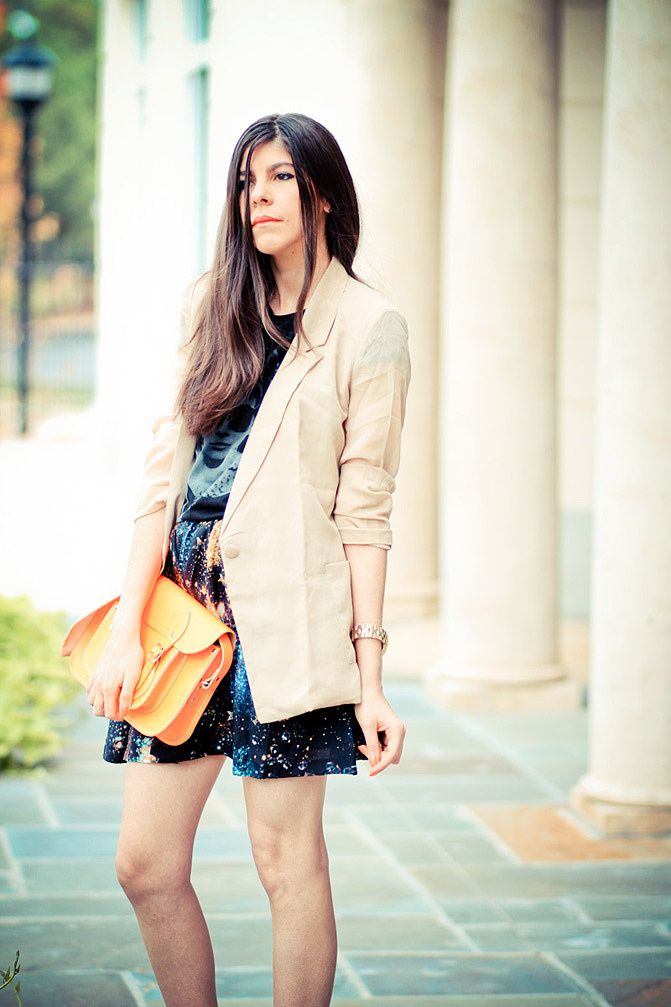 Galaxy Print Skirt, Audrey Hepburn style, Breakfast at Tiffany's shirt, Fluorescent Cambridge satchel, Marc Jacobs watch, Christian Louboutin Pigalle shoes, Blazer Fashion