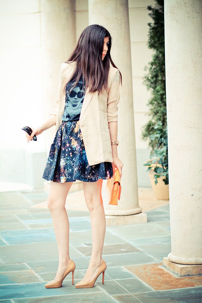 Galaxy Print Skirt, Audrey Hepburn style, Breakfast at Tiffany's shirt, Fluorescent Cambridge satchel, Marc Jacobs watch, Christian Louboutin Pigalle shoes, Blazer Fashion