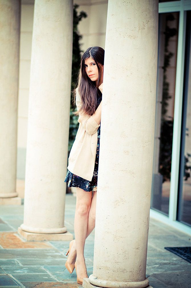 Galaxy Print Skirt, Audrey Hepburn style, Breakfast at Tiffany's shirt, Fluorescent Cambridge satchel, Marc Jacobs watch, Christian Louboutin Pigalle shoes, Blazer Fashion