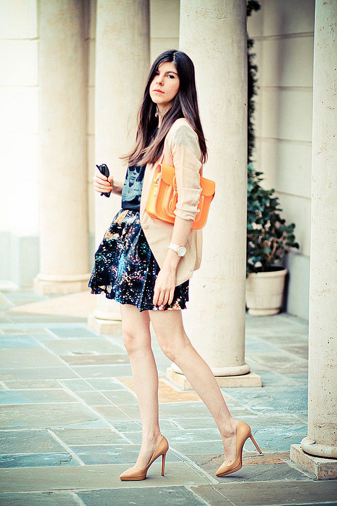 Galaxy Print Skirt, Audrey Hepburn style, Breakfast at Tiffany's shirt, Fluorescent Cambridge satchel, Marc Jacobs watch, Christian Louboutin Pigalle shoes, Blazer Fashion