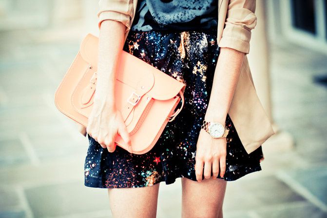 Galaxy Print Skirt, Audrey Hepburn style, Breakfast at Tiffany's shirt, Fluorescent Cambridge satchel, Marc Jacobs watch, Christian Louboutin Pigalle shoes, Blazer Fashion