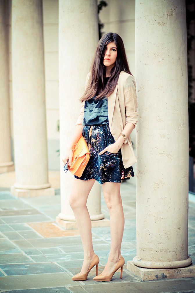 Galaxy Print Skirt, Audrey Hepburn style, Breakfast at Tiffany's shirt, Fluorescent Cambridge satchel, Marc Jacobs watch, Christian Louboutin Pigalle shoes, Blazer Fashion