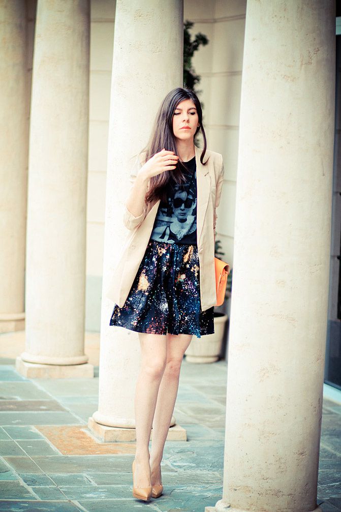 Galaxy Print Skirt, Audrey Hepburn style, Breakfast at Tiffany's shirt, Fluorescent Cambridge satchel, Marc Jacobs watch, Christian Louboutin Pigalle shoes, Blazer Fashion