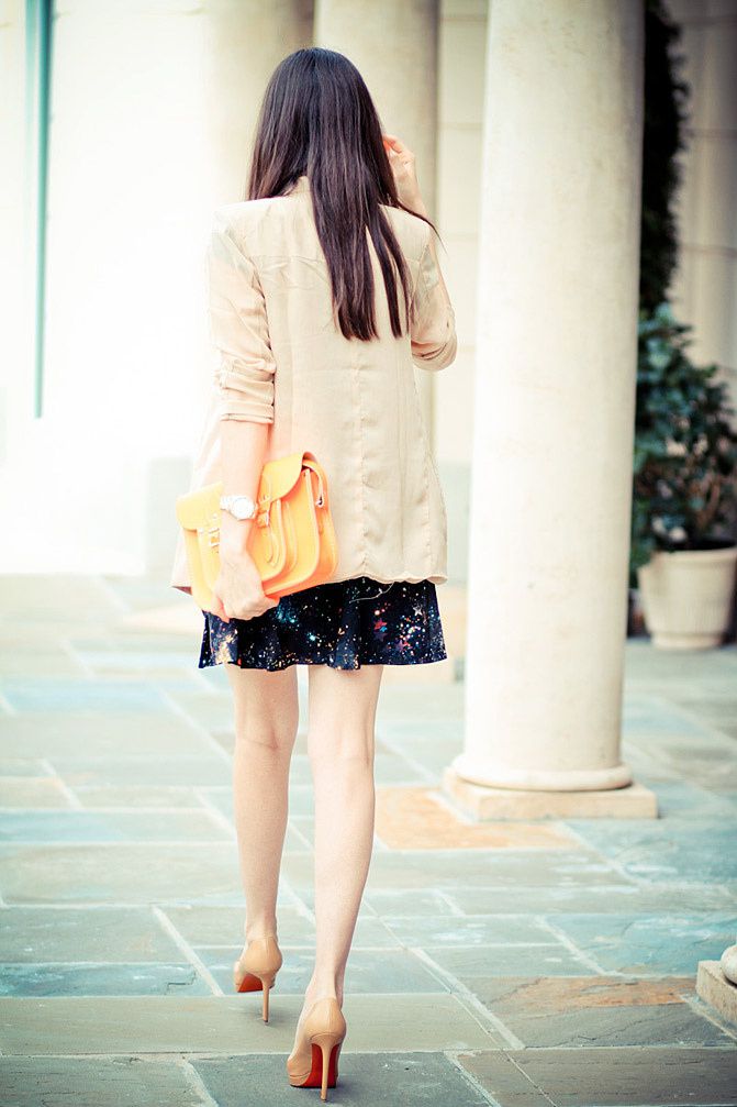 Galaxy Print Skirt, Audrey Hepburn style, Breakfast at Tiffany's shirt, Fluorescent Cambridge satchel, Marc Jacobs watch, Christian Louboutin Pigalle shoes, Blazer Fashion
