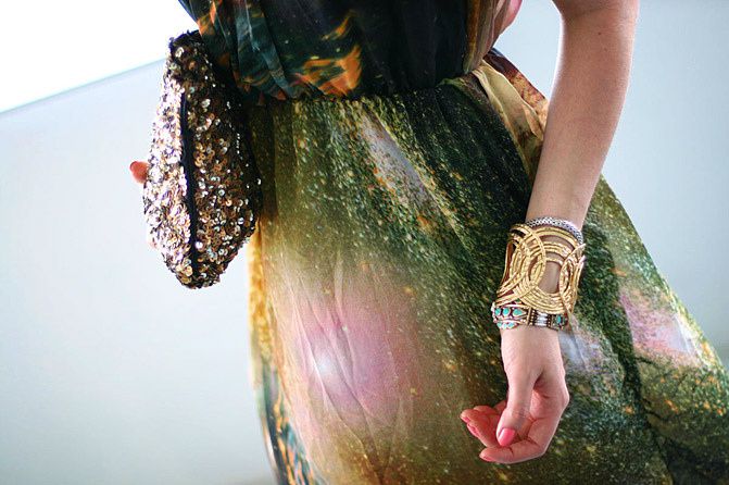 Galaxy print dress, High Low Fashion, Alexander Wang nude sandals, Miami Swim Fashion Week