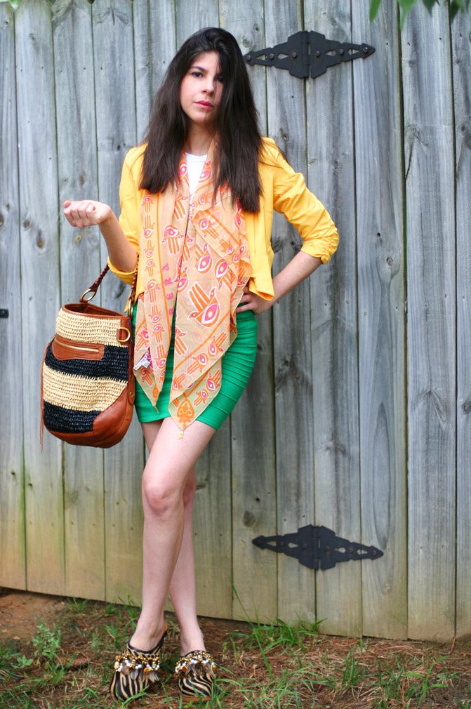 body con skirt, fashion outfit, rebecca minkoff bags, style, chic, otrera hamsa scarf