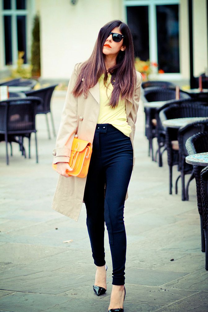 Marc Jacobs trench coat, Stella McCartney heels, Fashion outfit, Neon style